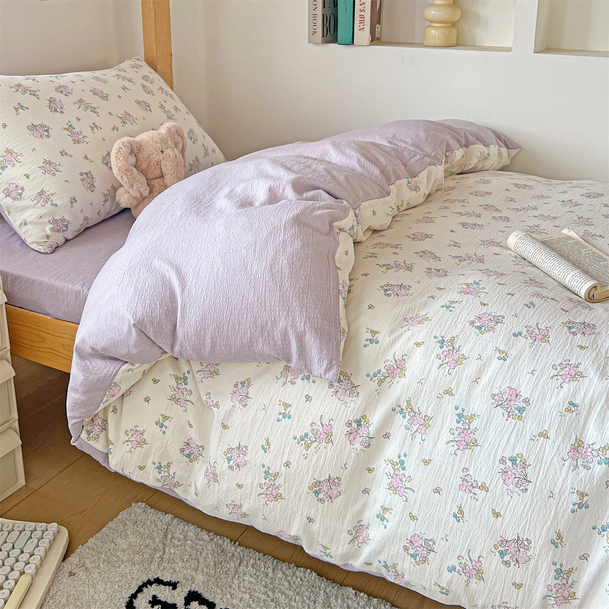 91家纺网 家纺一手货源 找家纺 名兮家居 2025新款皱皱棉学生床宿舍上下铺三件套六件套 花千朵