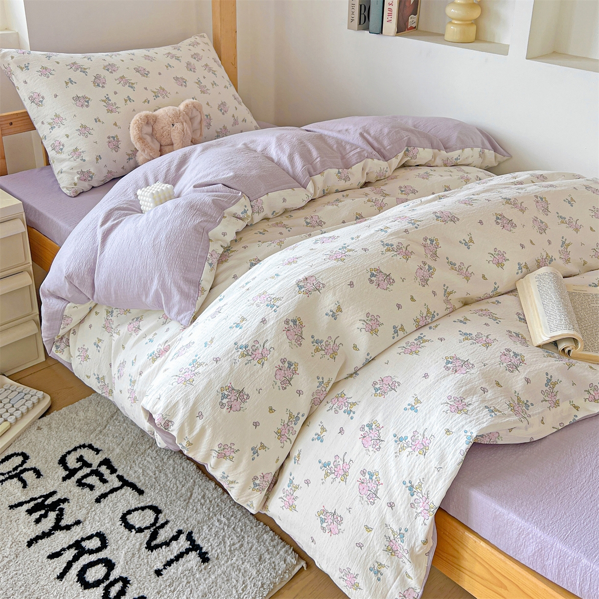 91家纺网 家纺一手货源 找家纺 名兮家居 2025新款皱皱棉学生床宿舍上下铺三件套六件套 花千朵