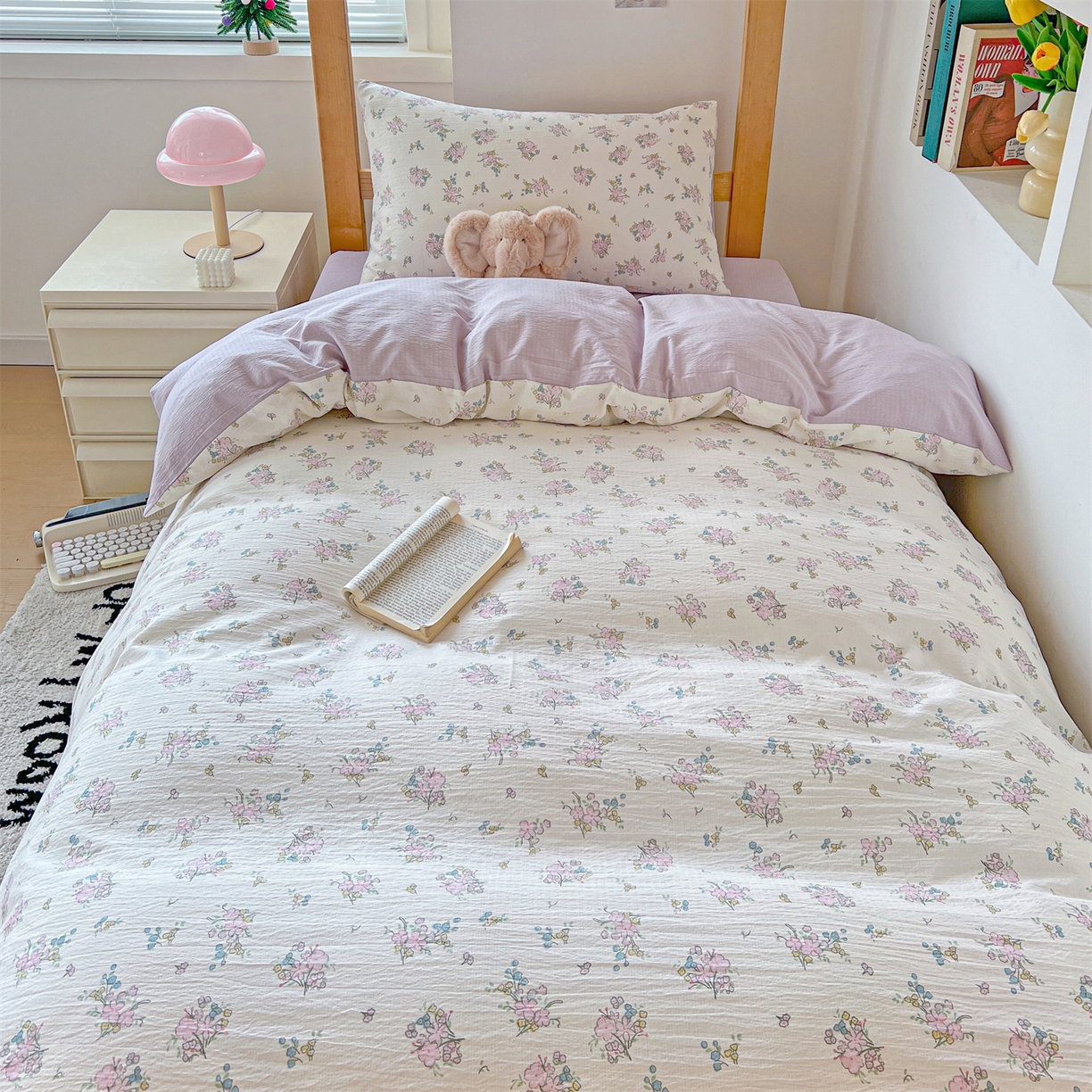 91家纺网 家纺一手货源 找家纺 名兮家居 2025新款皱皱棉学生床宿舍上下铺三件套六件套 花千朵