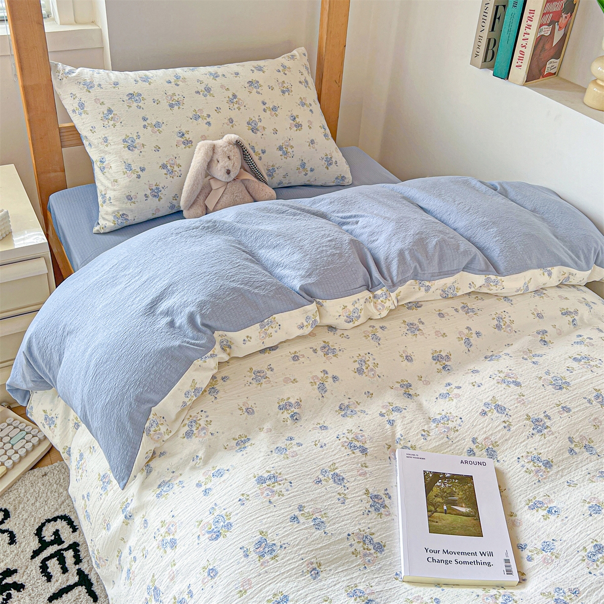 91家纺网 家纺一手货源 找家纺 名兮家居 2025新款皱皱棉学生床宿舍上下铺三件套六件套 兰香入梦