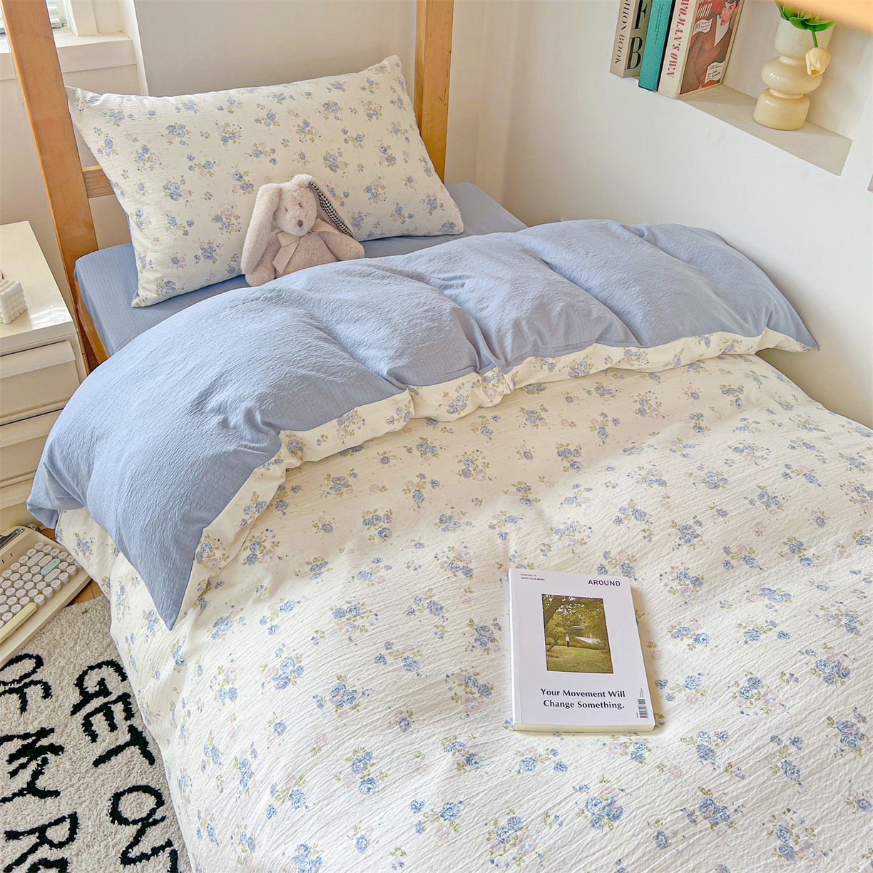 91家纺网 家纺一手货源 找家纺 名兮家居 2025新款皱皱棉学生床宿舍上下铺三件套六件套 兰香入梦