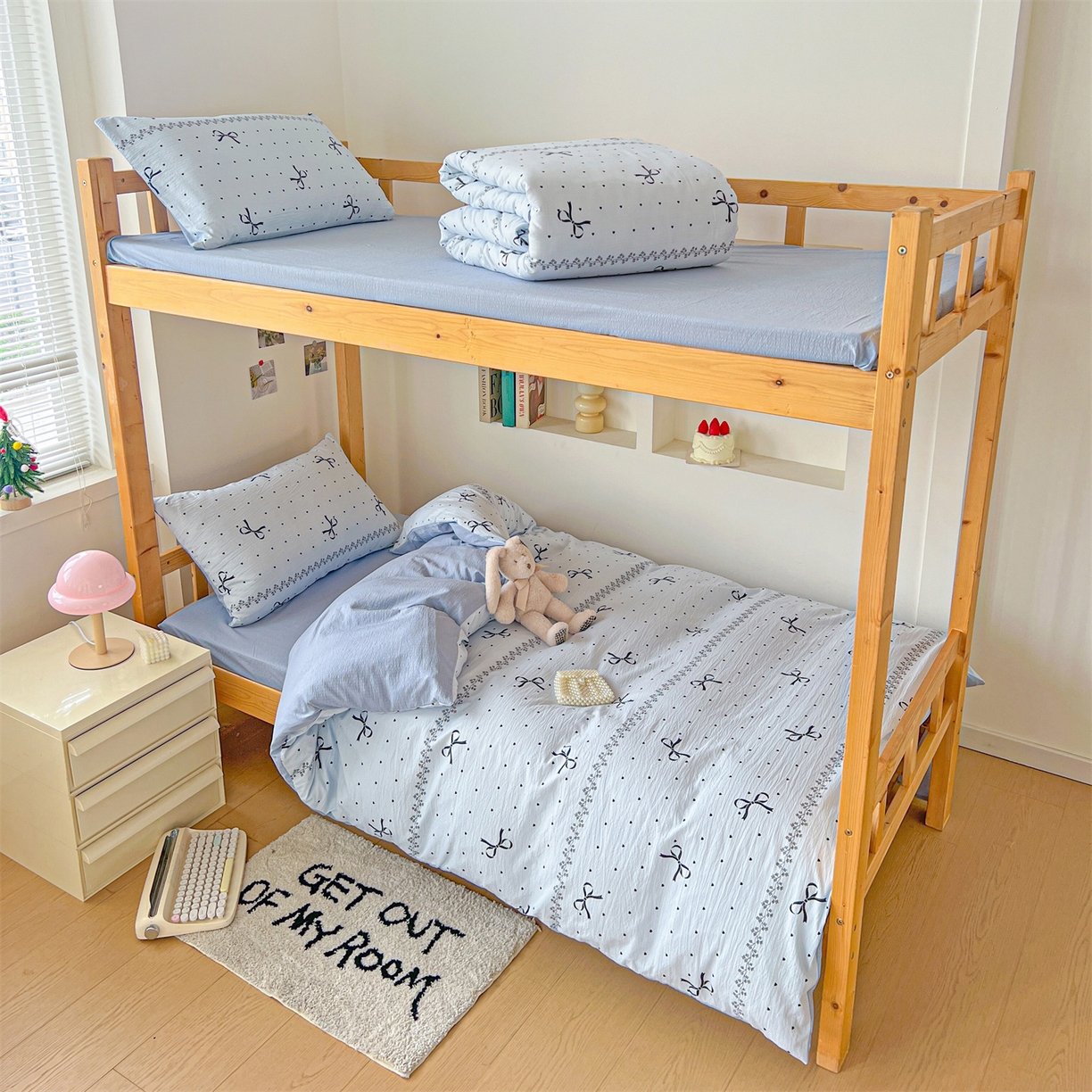 名兮家居 2025新款皱皱棉学生床宿舍上下铺三件套六件套 蓝色爱心