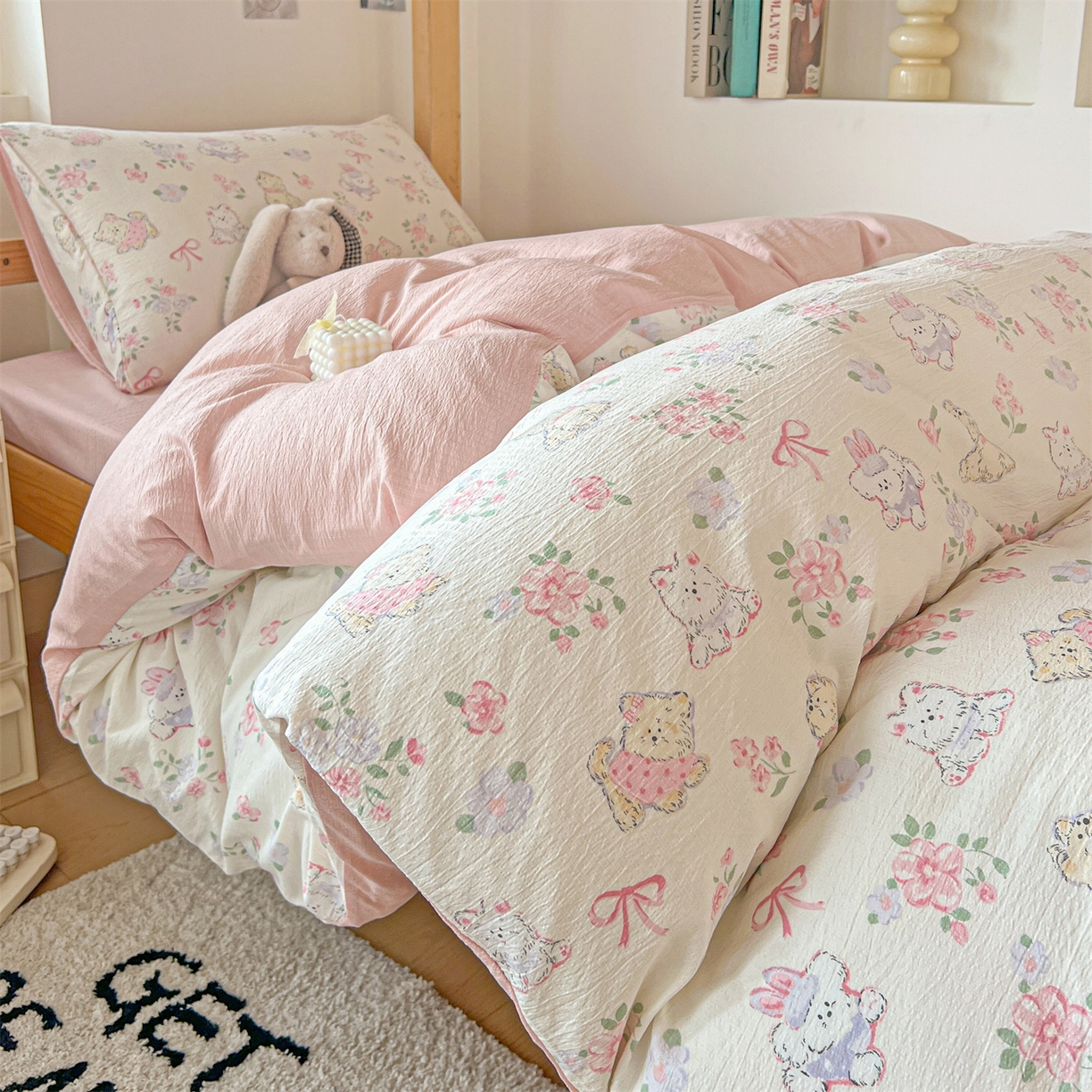 91家纺网 家纺一手货源 找家纺 名兮家居 2025新款皱皱棉学生床宿舍上下铺三件套六件套 美娜