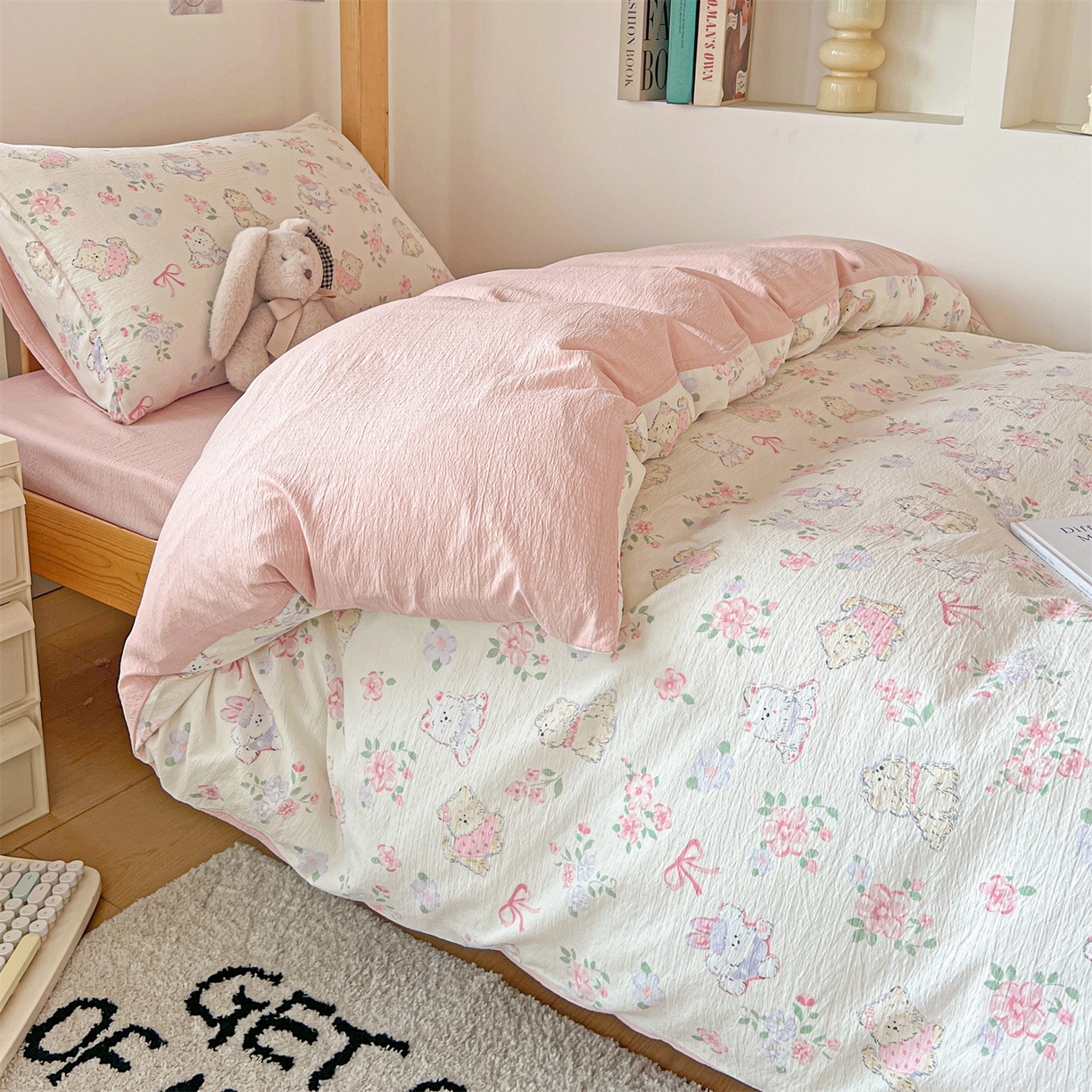 91家纺网 家纺一手货源 找家纺 名兮家居 2025新款皱皱棉学生床宿舍上下铺三件套六件套 美娜