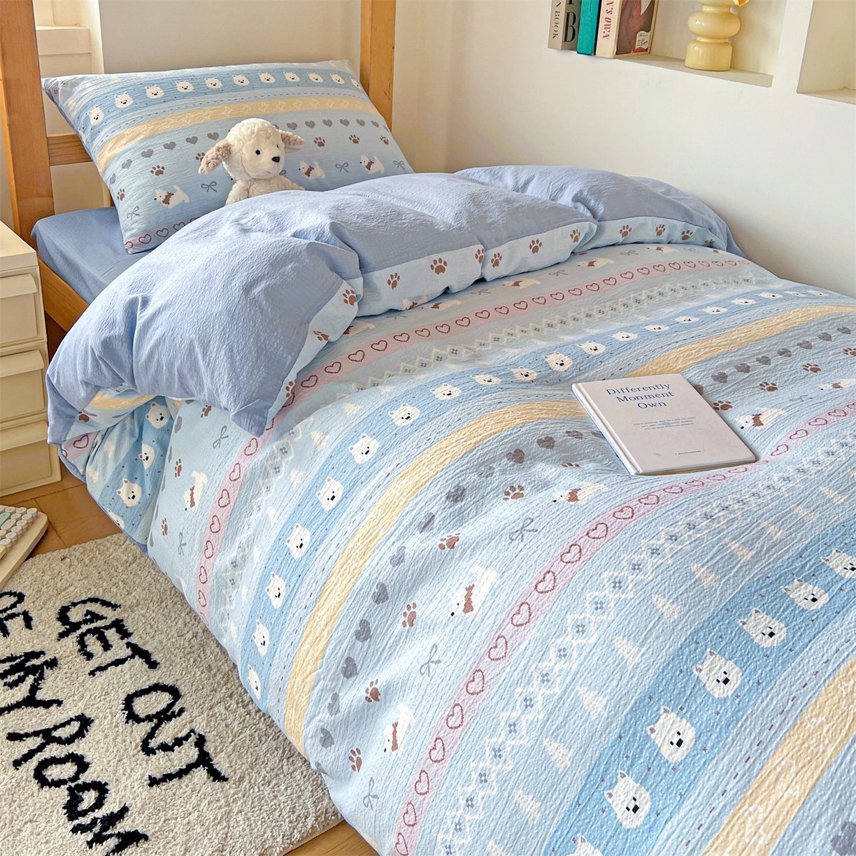 91家纺网 家纺一手货源 找家纺 名兮家居 2025新款皱皱棉学生床宿舍上下铺三件套六件套 萌趣