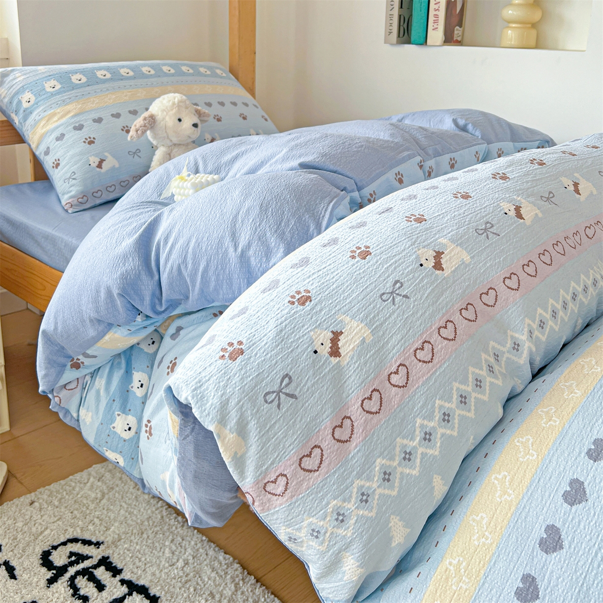 91家纺网 家纺一手货源 找家纺 名兮家居 2025新款皱皱棉学生床宿舍上下铺三件套六件套 萌趣