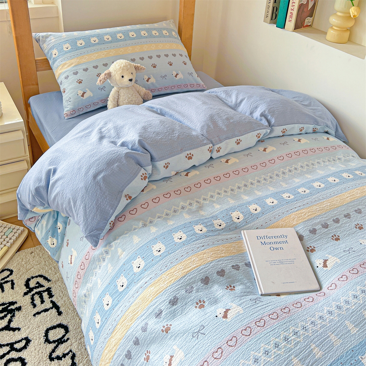 91家纺网 家纺一手货源 找家纺 名兮家居 2025新款皱皱棉学生床宿舍上下铺三件套六件套 萌趣