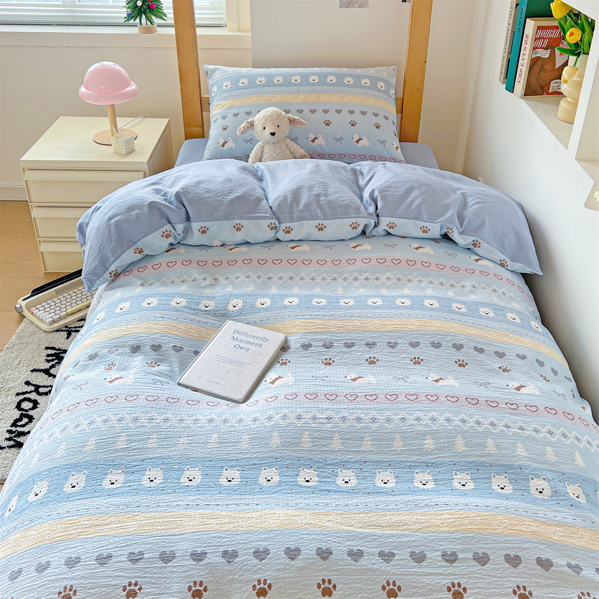 91家纺网 家纺一手货源 找家纺 名兮家居 2025新款皱皱棉学生床宿舍上下铺三件套六件套 萌趣