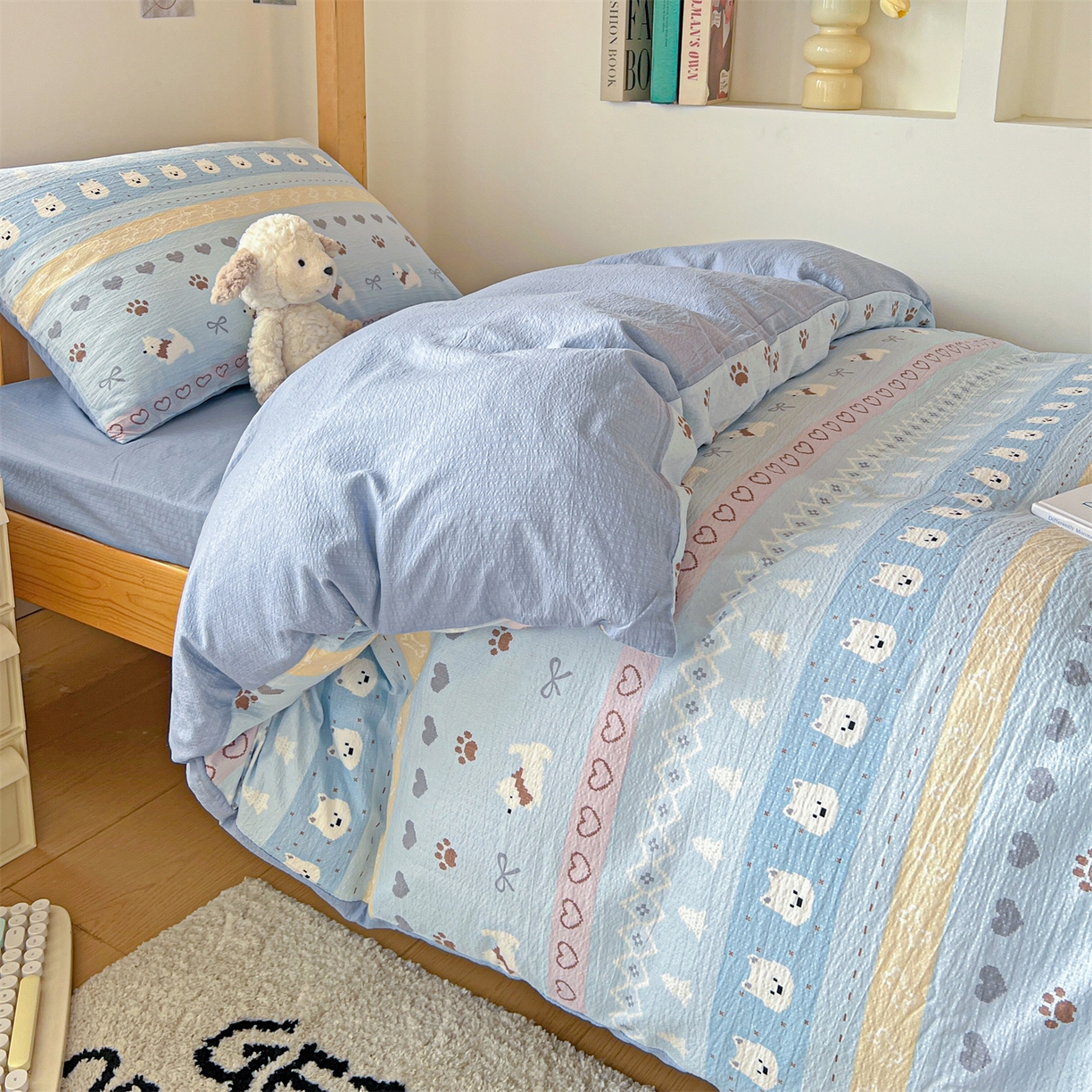 91家纺网 家纺一手货源 找家纺 名兮家居 2025新款皱皱棉学生床宿舍上下铺三件套六件套 萌趣