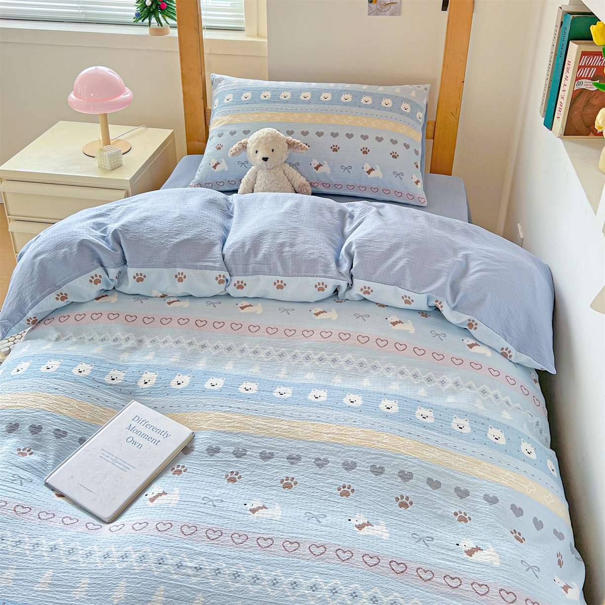 91家纺网 家纺一手货源 找家纺 名兮家居 2025新款皱皱棉学生床宿舍上下铺三件套六件套 萌趣