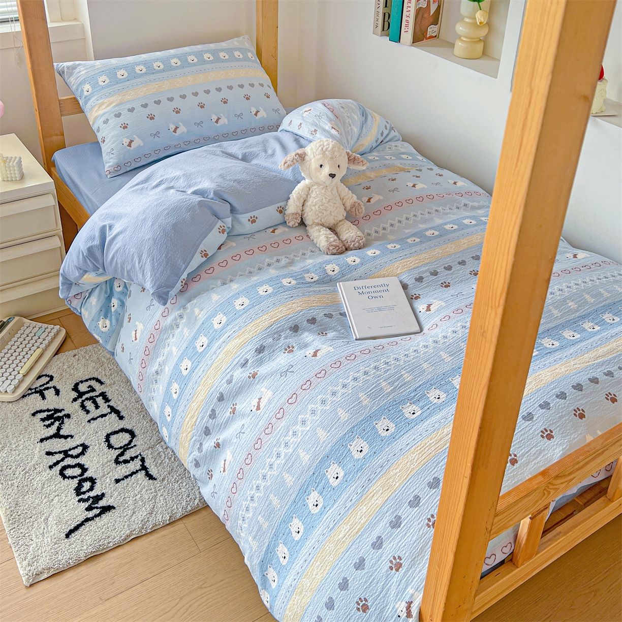 91家纺网 家纺一手货源 找家纺 名兮家居 2025新款皱皱棉学生床宿舍上下铺三件套六件套 萌趣