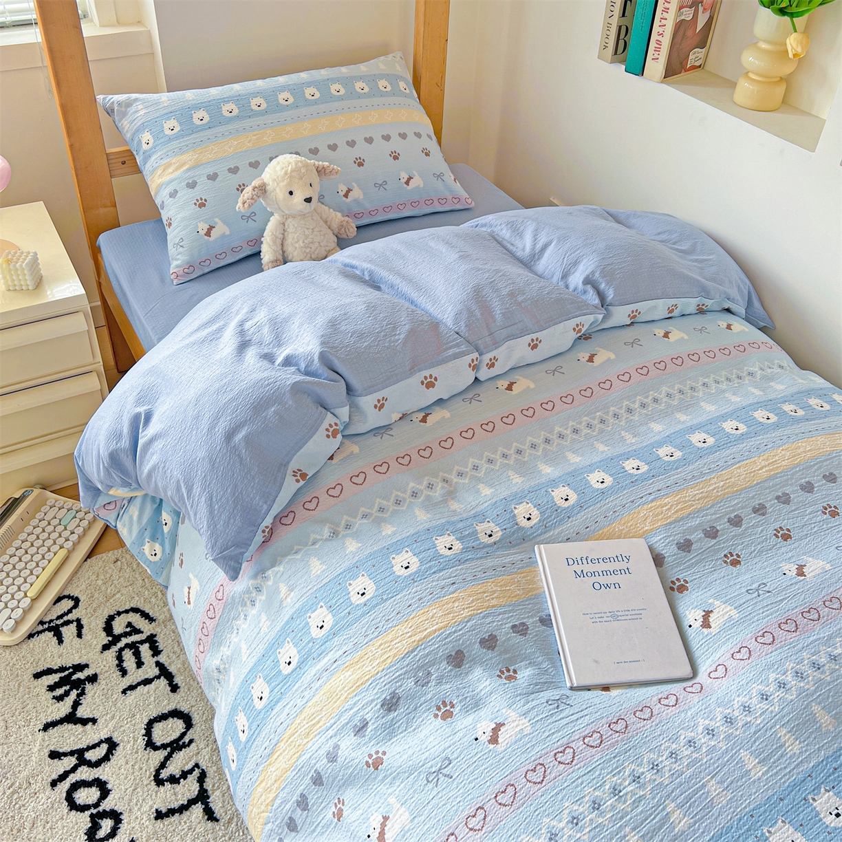 91家纺网 家纺一手货源 找家纺 名兮家居 2025新款皱皱棉学生床宿舍上下铺三件套六件套 萌趣