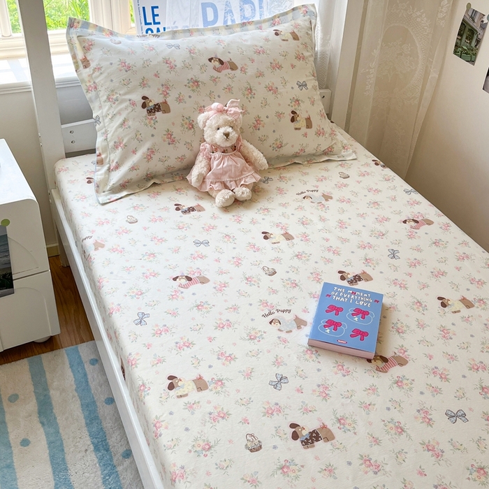 91家纺网 家纺一手货源 找家纺 莱通家纺 2025春夏新款12868纯棉印花学生单床笠 床笠单件（商家提供买家秀） 花田小狗