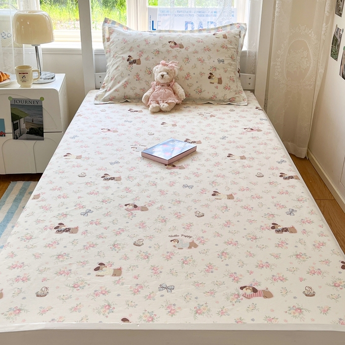 91家纺网 家纺一手货源 找家纺 莱通家纺 2025春夏新款12868纯棉印花学生单床笠 床笠单件（商家提供买家秀） 花田小狗