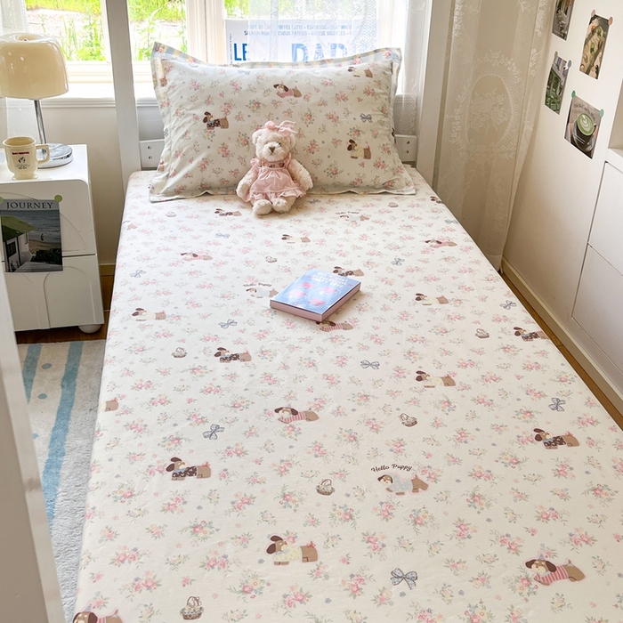 91家纺网 家纺一手货源 找家纺 莱通家纺 2025春夏新款12868纯棉印花学生单床笠 床笠单件（商家提供买家秀） 花田小狗