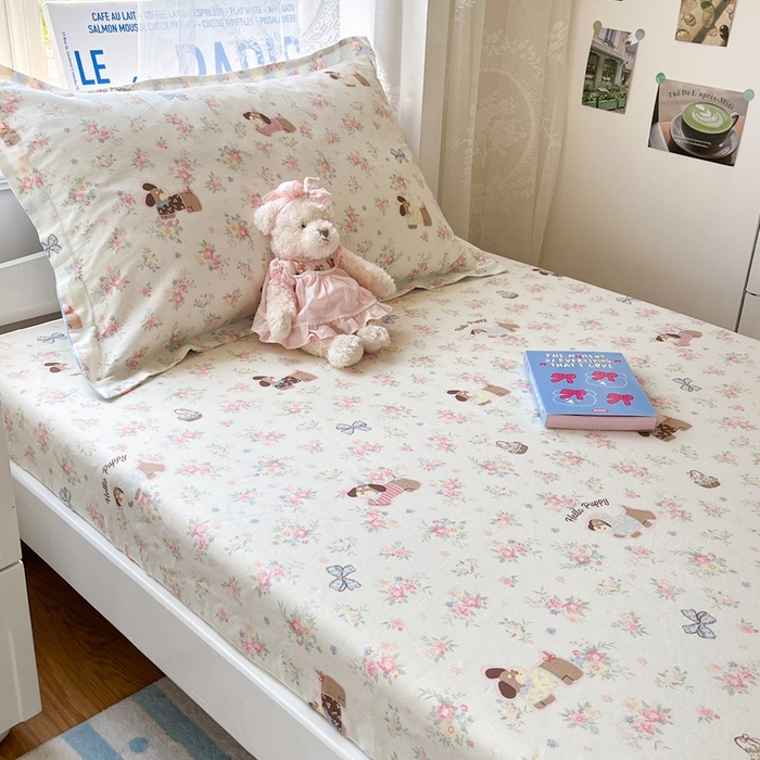 91家纺网 家纺一手货源 找家纺 莱通家纺 2025春夏新款12868纯棉印花学生单床笠 床笠单件（商家提供买家秀） 花田小狗