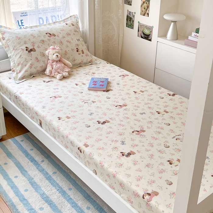 91家纺网 家纺一手货源 找家纺 莱通家纺 2025春夏新款12868纯棉印花学生单床笠 床笠单件（商家提供买家秀） 花田小狗