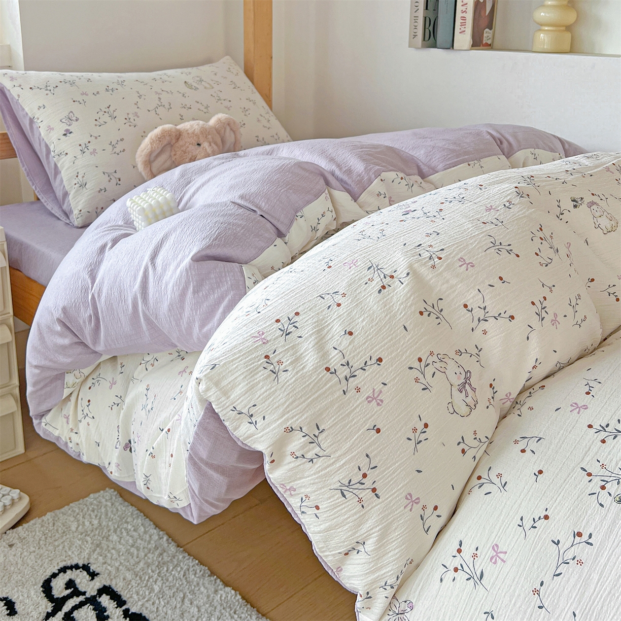 91家纺网 家纺一手货源 找家纺 名兮家居 2025新款皱皱棉学生床宿舍上下铺三件套六件套 蜜芽兔