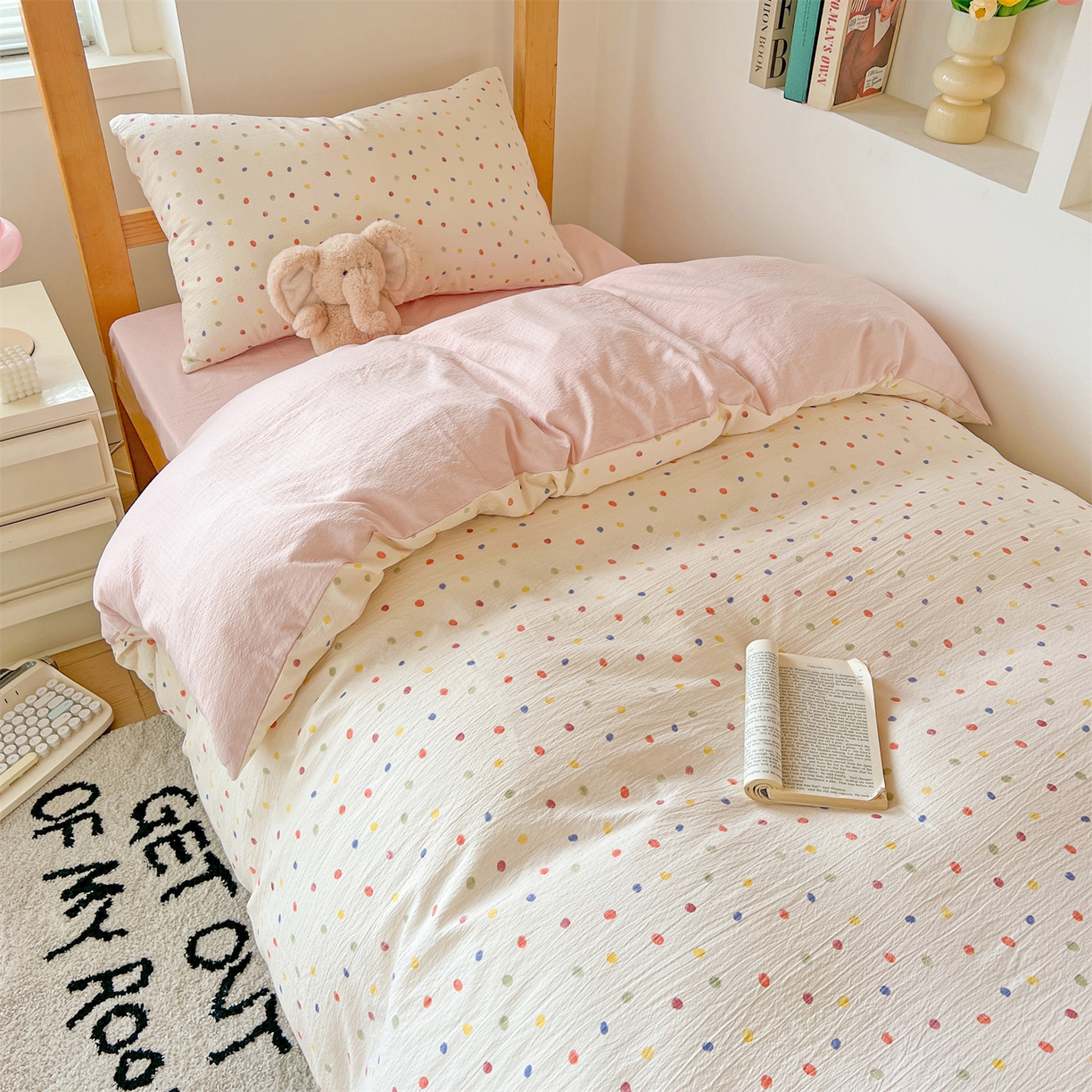 91家纺网 家纺一手货源 找家纺 名兮家居 2025新款皱皱棉学生床宿舍上下铺三件套六件套 心动波点