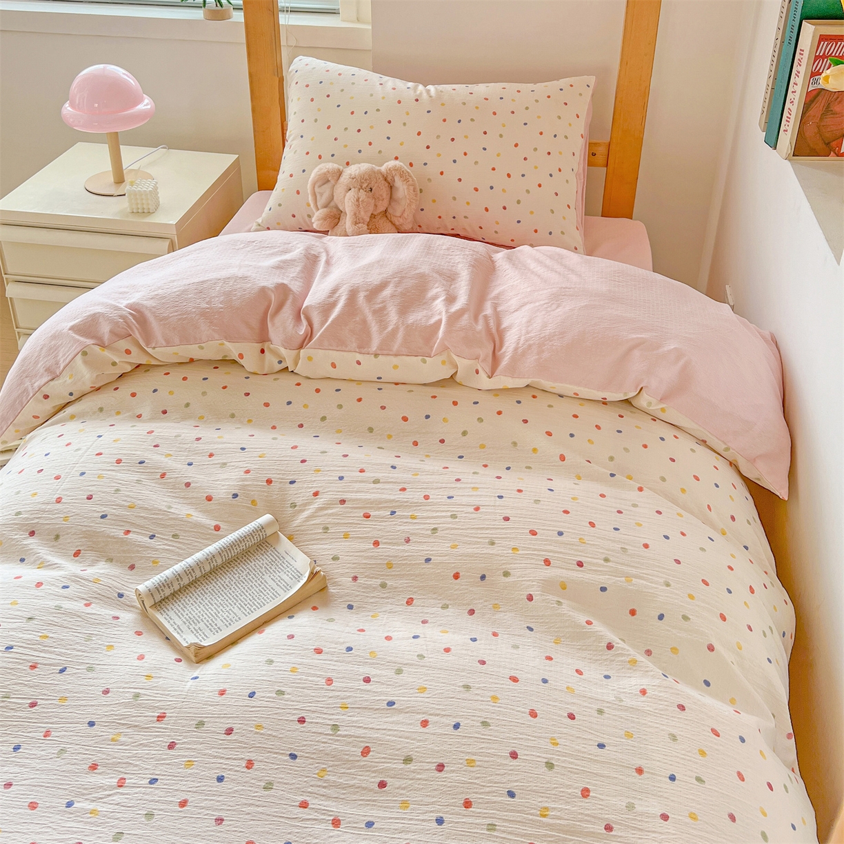 91家纺网 家纺一手货源 找家纺 名兮家居 2025新款皱皱棉学生床宿舍上下铺三件套六件套 心动波点