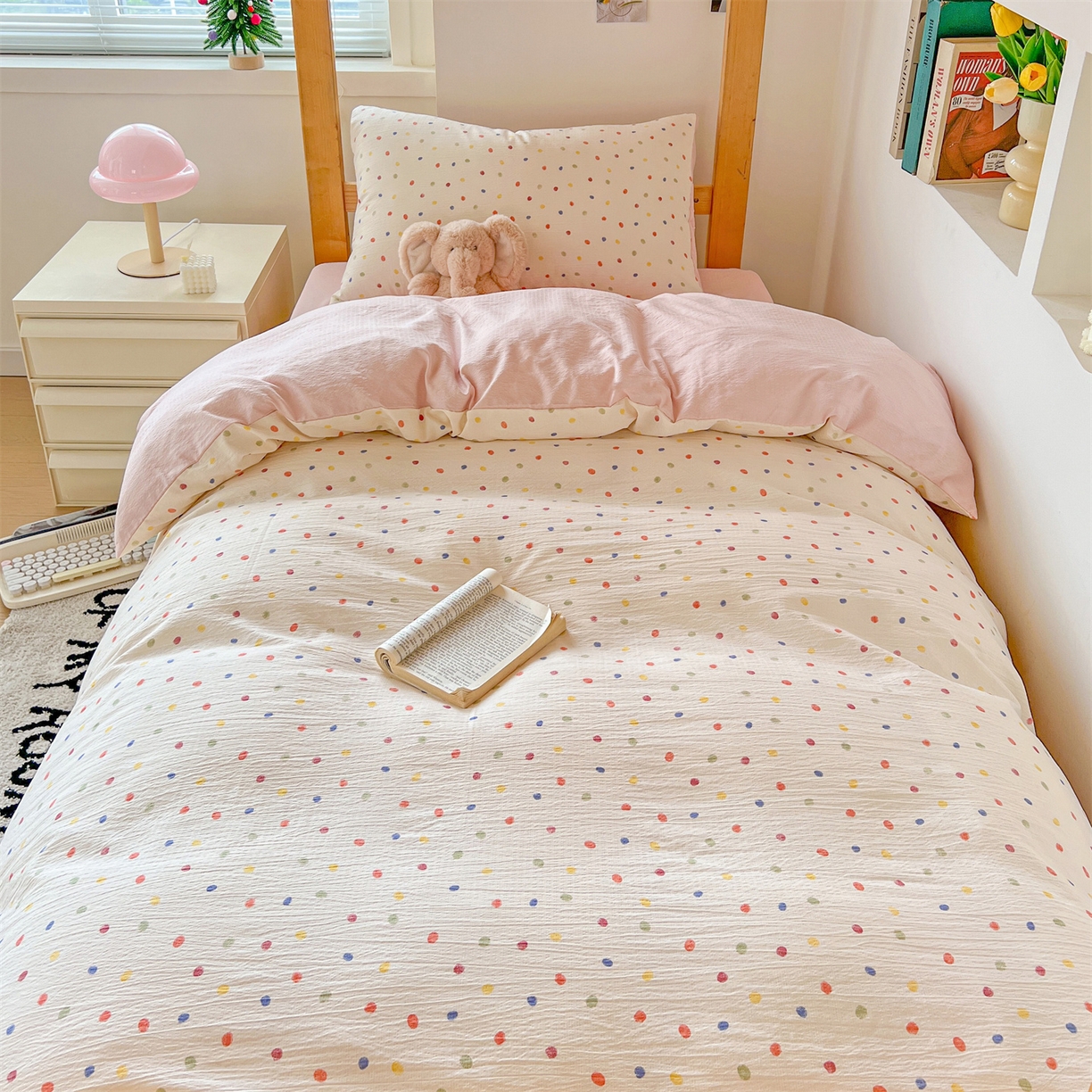 91家纺网 家纺一手货源 找家纺 名兮家居 2025新款皱皱棉学生床宿舍上下铺三件套六件套 心动波点