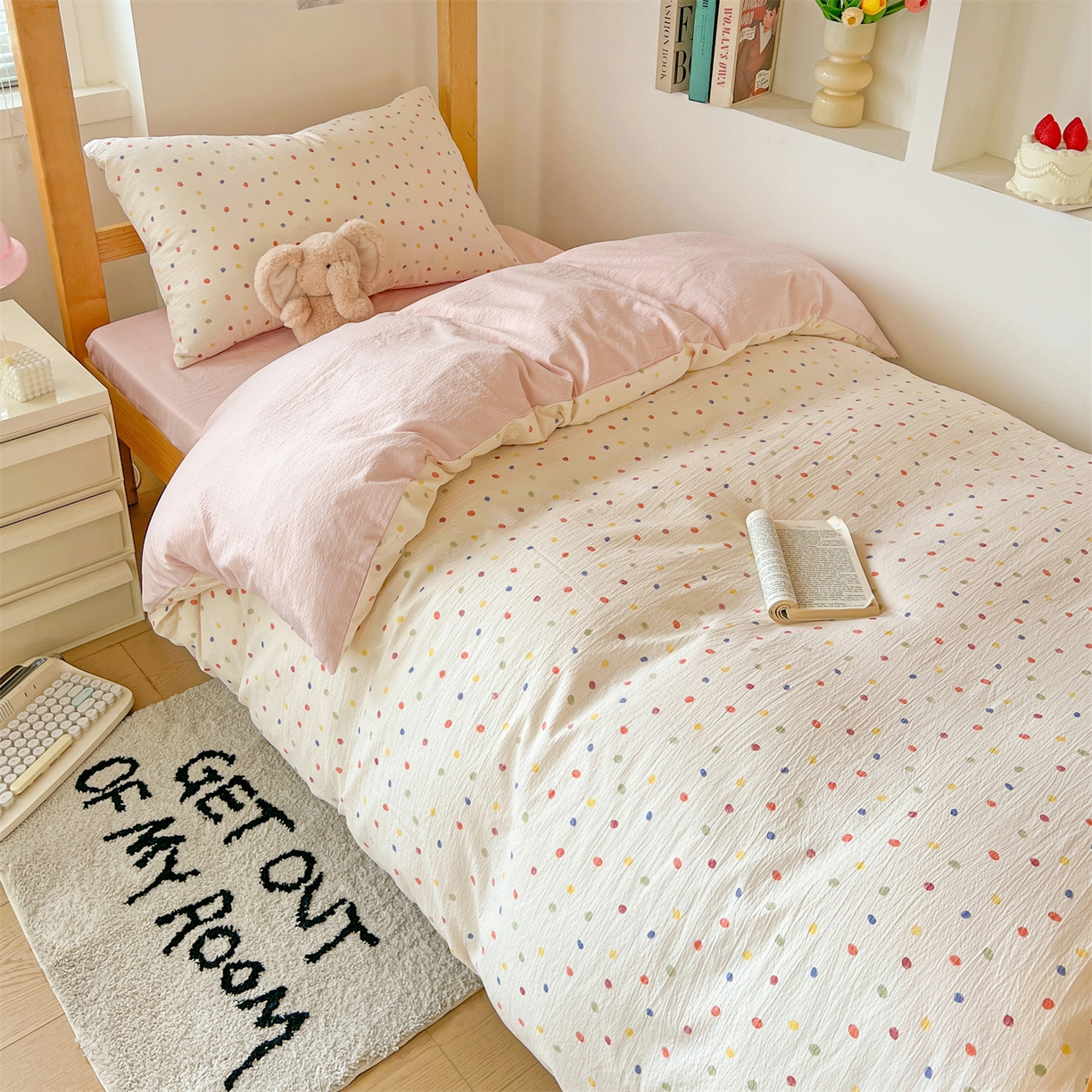 91家纺网 家纺一手货源 找家纺 名兮家居 2025新款皱皱棉学生床宿舍上下铺三件套六件套 心动波点