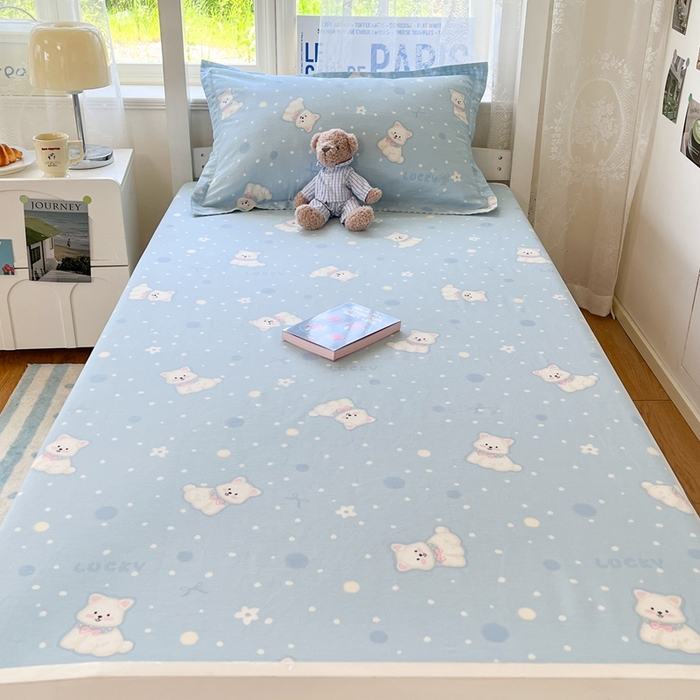 91家纺网 家纺一手货源 找家纺 莱通家纺 2025春夏新款12868纯棉印花学生单床笠 床笠单件（商家提供买家秀） 泡芙小狗