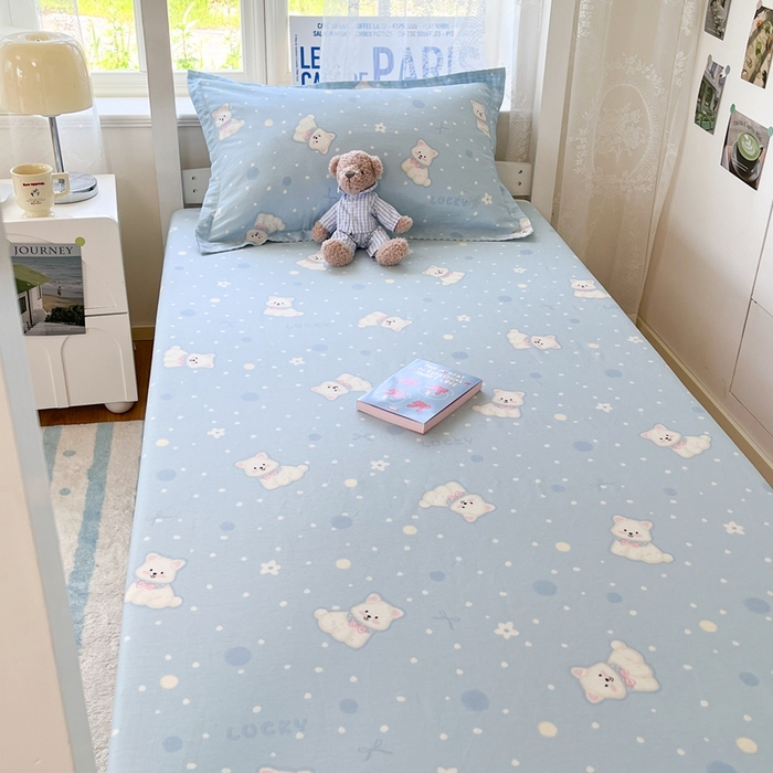 91家纺网 家纺一手货源 找家纺 莱通家纺 2025春夏新款12868纯棉印花学生单床笠 床笠单件（商家提供买家秀） 泡芙小狗