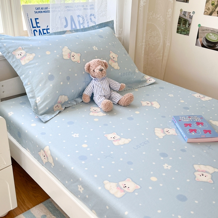 91家纺网 家纺一手货源 找家纺 莱通家纺 2025春夏新款12868纯棉印花学生单床笠 床笠单件（商家提供买家秀） 泡芙小狗