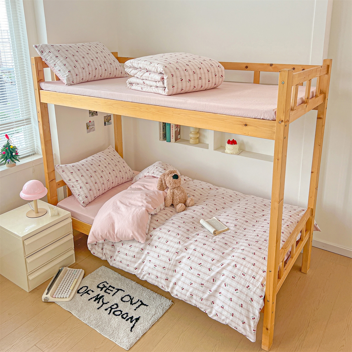 名兮家居 2025新款皱皱棉学生床宿舍上下铺三件套六件套 樱桃可可