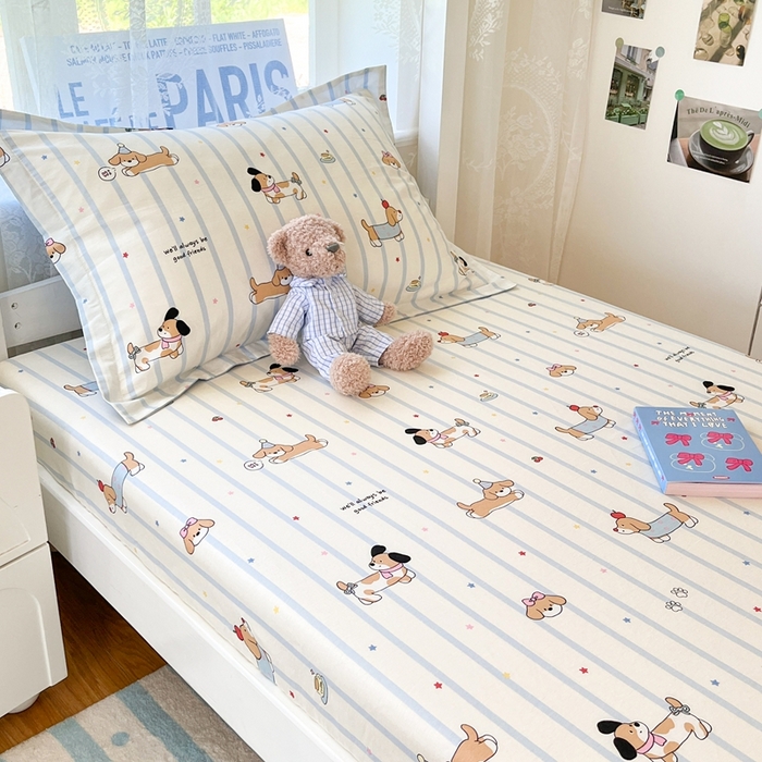 91家纺网 家纺一手货源 找家纺 莱通家纺 2025春夏新款12868纯棉印花学生单床笠 床笠单件（商家提供买家秀） 糖纸童年