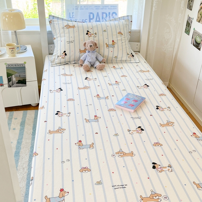 91家纺网 家纺一手货源 找家纺 莱通家纺 2025春夏新款12868纯棉印花学生单床笠 床笠单件（商家提供买家秀） 糖纸童年