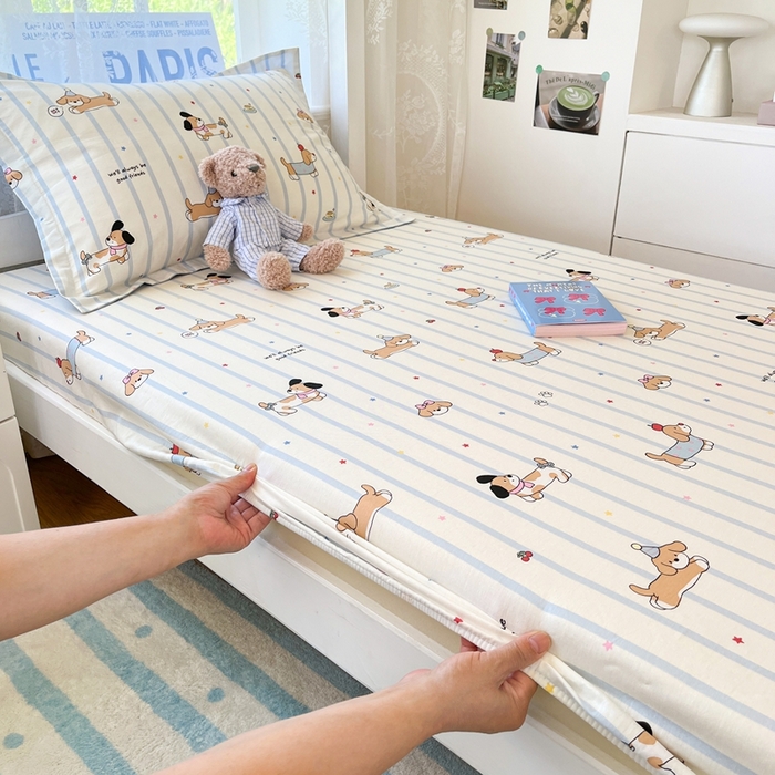 91家纺网 家纺一手货源 找家纺 莱通家纺 2025春夏新款12868纯棉印花学生单床笠 床笠单件（商家提供买家秀） 糖纸童年