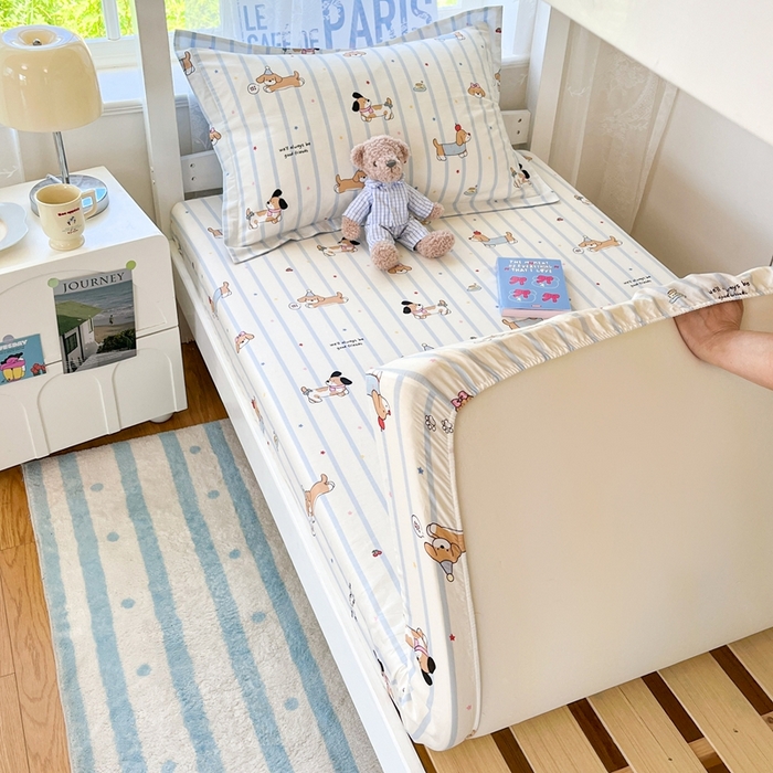 91家纺网 家纺一手货源 找家纺 莱通家纺 2025春夏新款12868纯棉印花学生单床笠 床笠单件（商家提供买家秀） 糖纸童年