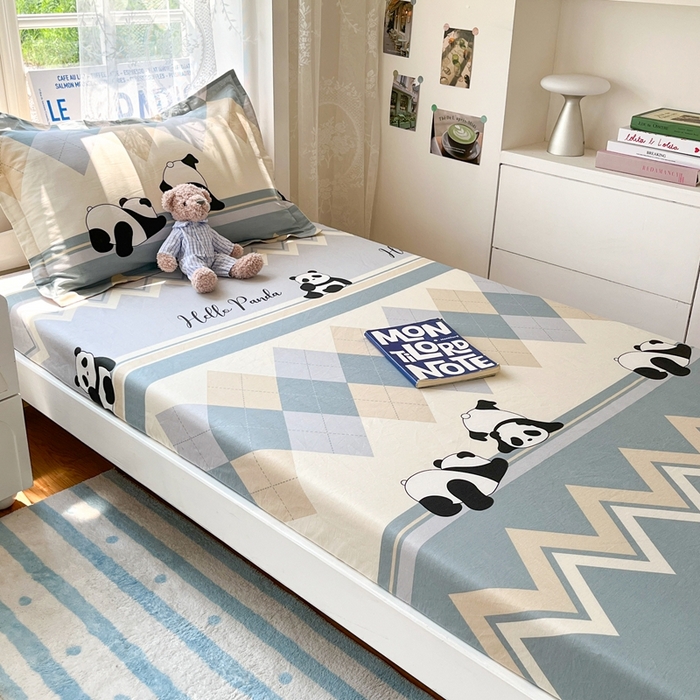 91家纺网 家纺一手货源 找家纺 莱通家纺 2025春夏新款12868纯棉印花学生单床笠 床笠单件（商家提供买家秀） 调皮熊猫