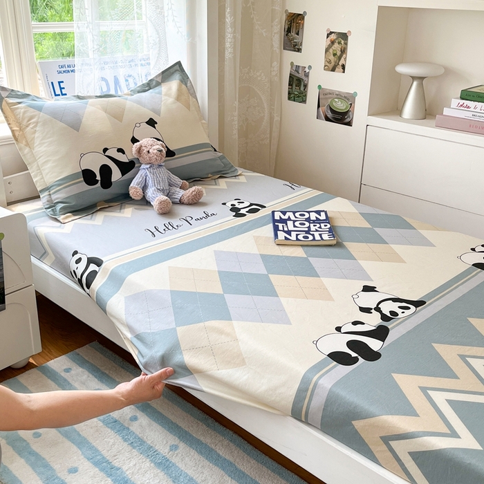 91家纺网 家纺一手货源 找家纺 莱通家纺 2025春夏新款12868纯棉印花学生单床笠 床笠单件（商家提供买家秀） 调皮熊猫