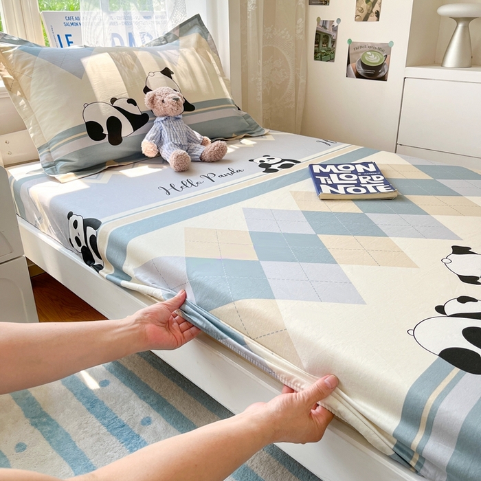 91家纺网 家纺一手货源 找家纺 莱通家纺 2025春夏新款12868纯棉印花学生单床笠 床笠单件（商家提供买家秀） 调皮熊猫