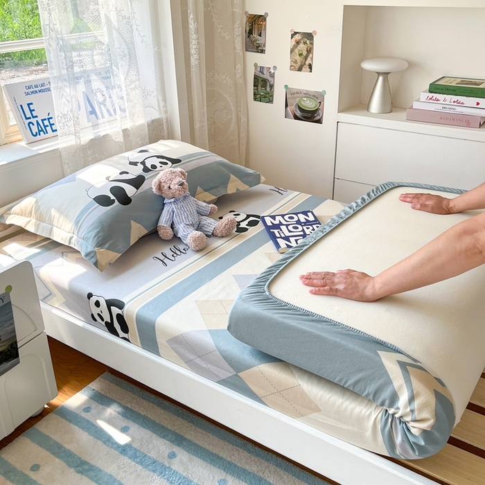 91家纺网 家纺一手货源 找家纺 莱通家纺 2025春夏新款12868纯棉印花学生单床笠 床笠单件（商家提供买家秀） 调皮熊猫