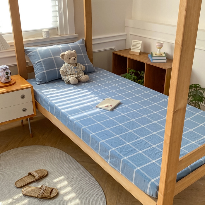 91家纺网 家纺一手货源 找家纺 恋人优选 2025新款儿童学生宿舍上下铺全棉纯棉色织床笠单品单床笠床笠单件-无标款系列二 海蓝格