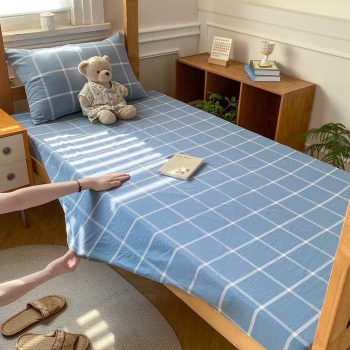 91家纺网 家纺一手货源 找家纺 恋人优选 2025新款儿童学生宿舍上下铺全棉纯棉色织床笠单品单床笠床笠单件-无标款系列二 海蓝格