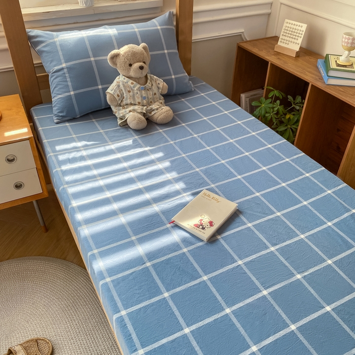 91家纺网 家纺一手货源 找家纺 恋人优选 2025新款儿童学生宿舍上下铺全棉纯棉色织床笠单品单床笠床笠单件-无标款系列二 海蓝格