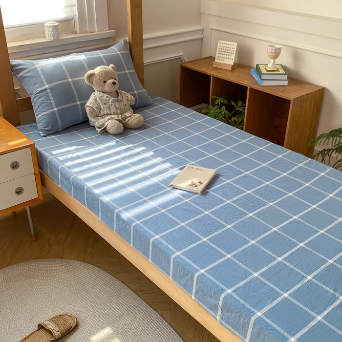 91家纺网 家纺一手货源 找家纺 恋人优选 2025新款儿童学生宿舍上下铺全棉纯棉色织床笠单品单床笠床笠单件-无标款系列二 海蓝格