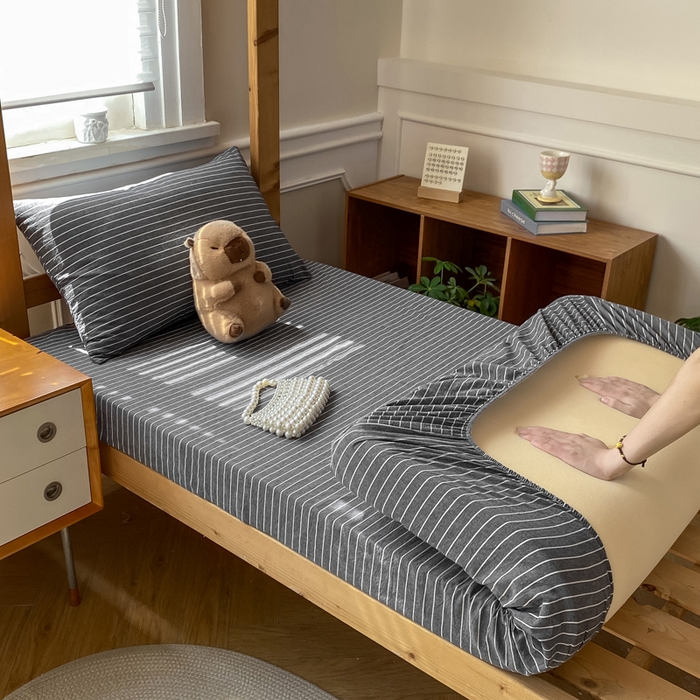 恋人优选 2025新款儿童学生宿舍上下铺全棉纯棉色织床笠单品单床笠床笠单件-无标款系列二 灰细条