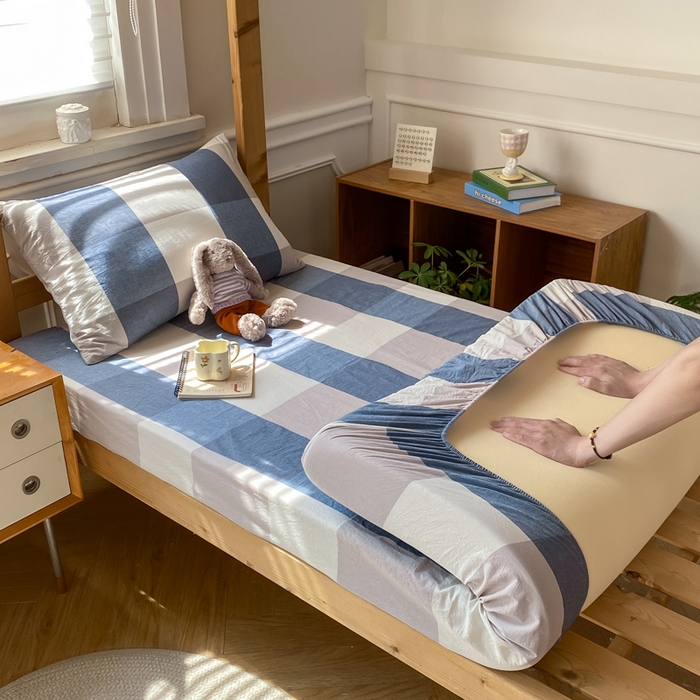 恋人优选 2025新款儿童学生宿舍上下铺全棉纯棉色织床笠单品单床笠床笠单件-无标款系列二 蓝大格