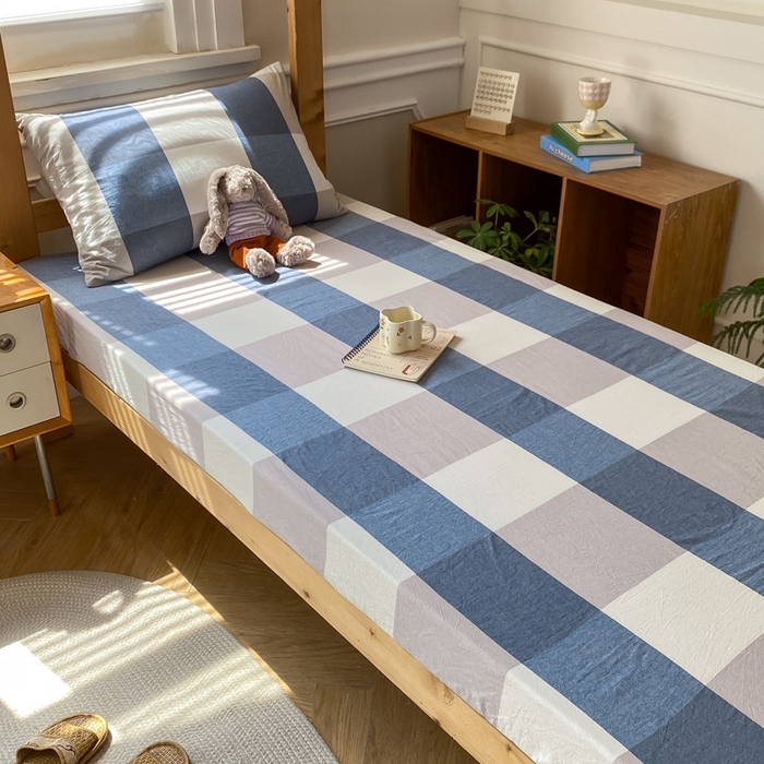 91家纺网 家纺一手货源 找家纺 恋人优选 2025新款儿童学生宿舍上下铺全棉纯棉色织床笠单品单床笠床笠单件-无标款系列二 蓝大格