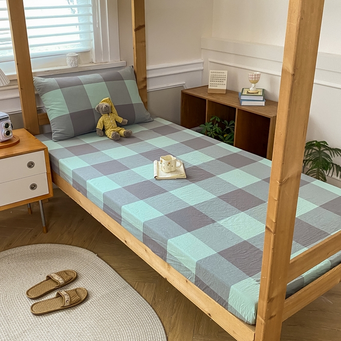 91家纺网 家纺一手货源 找家纺 恋人优选 2025新款儿童学生宿舍上下铺全棉纯棉色织床笠单品单床笠床笠单件-无标款系列二 绿大格