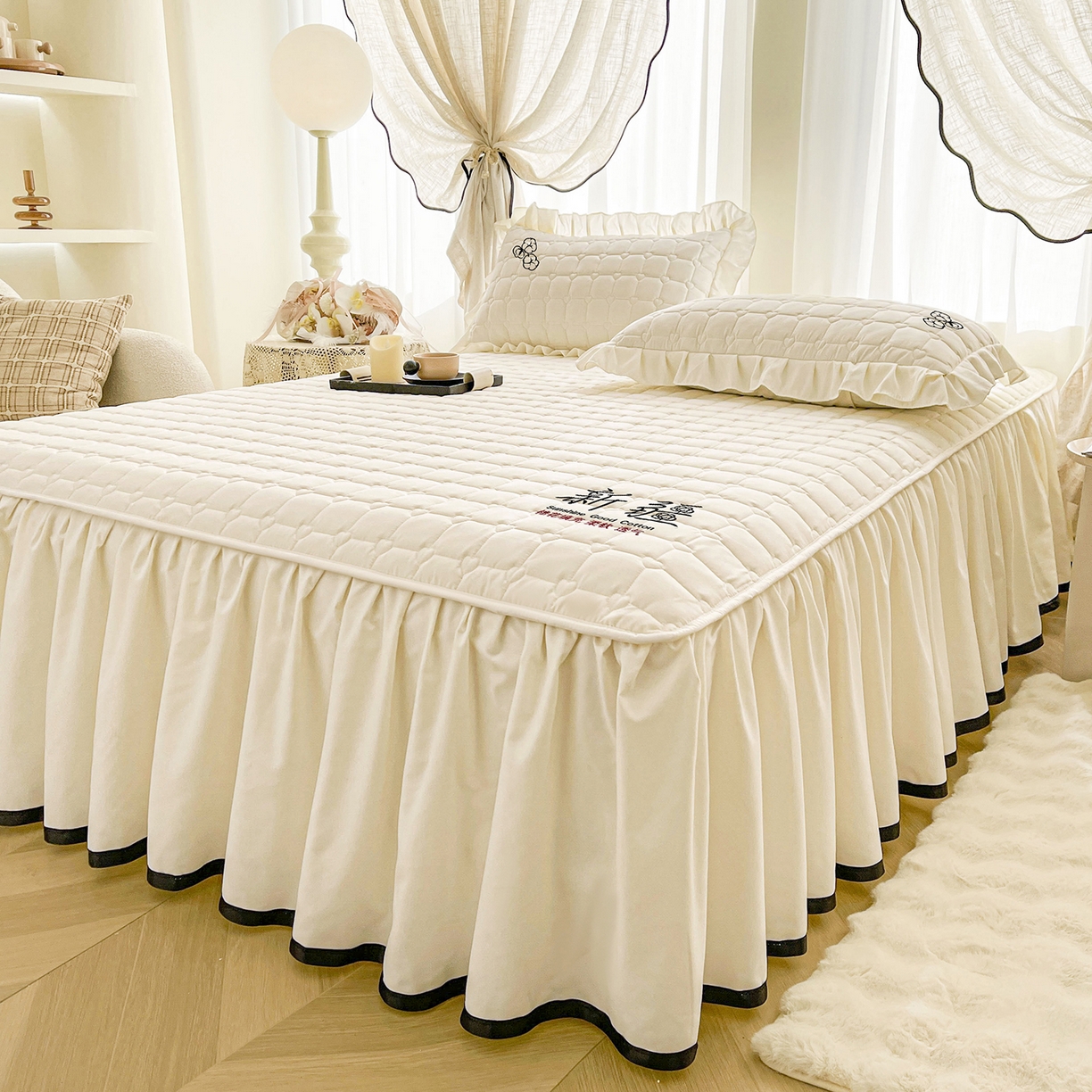 91家纺网 家纺一手货源 找家纺 笠裙家纺 2025新款A类110克水洗棉新疆棉花夹棉单床裙 床裙单件 棉花-米白