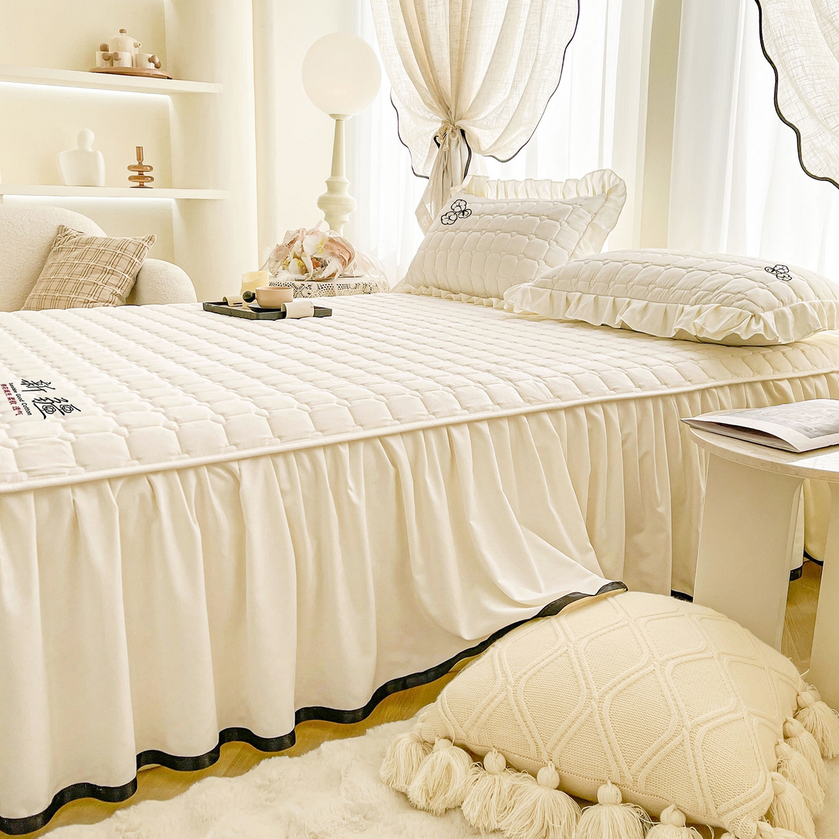 91家纺网 家纺一手货源 找家纺 笠裙家纺 2025新款A类110克水洗棉新疆棉花夹棉单床裙 床裙单件 棉花-米白