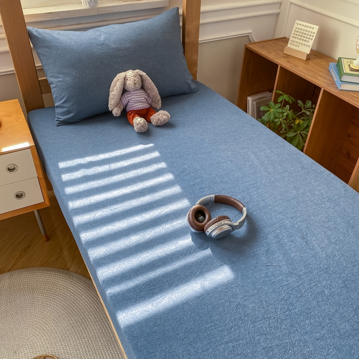 91家纺网 家纺一手货源 找家纺 恋人优选 2025新款儿童学生宿舍上下铺全棉纯棉色织床笠单品单床笠床笠单件-无标款系列二 牛仔蓝