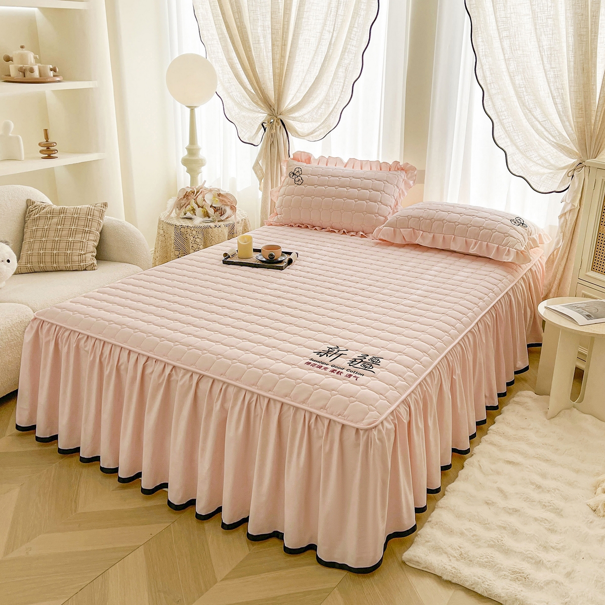 91家纺网 家纺一手货源 找家纺 笠裙家纺 2025新款A类110克水洗棉新疆棉花夹棉单床裙 床裙单件 棉花-玫瑰粉